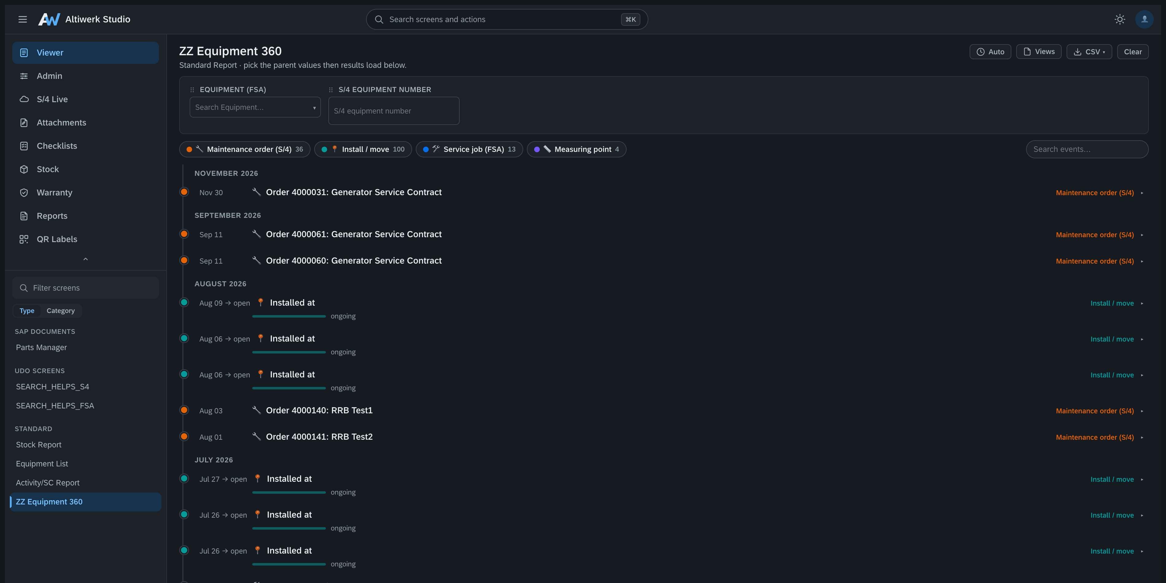 The same timeline screen rendered in the dark theme, with the light interface's spacing and colour relationships preserved