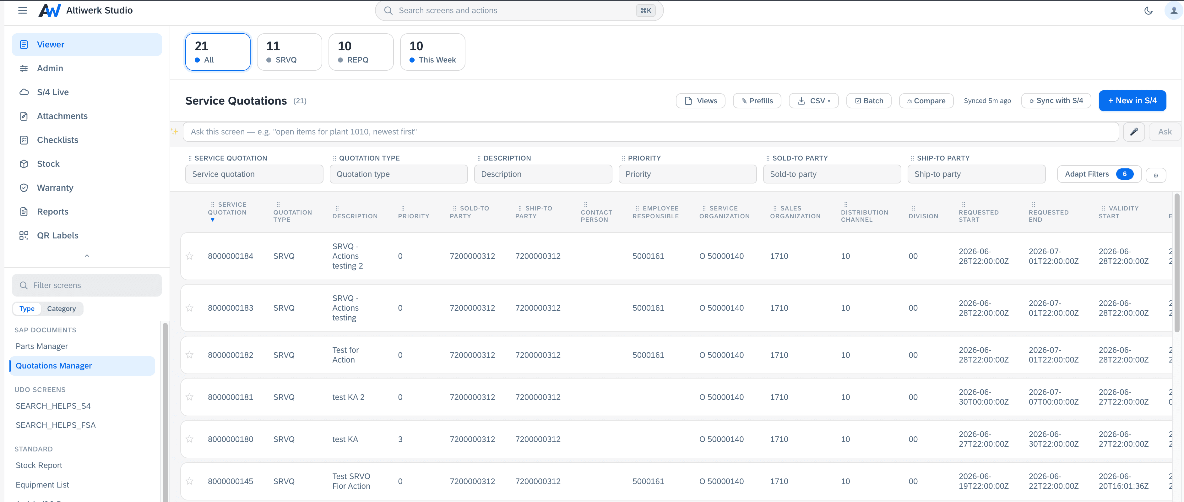 A SAP document screen listing service quotations with status tabs across the top, a driver filter bar, and a toolbar carrying views, prefills, CSV, batch, compare and Sync with S/4