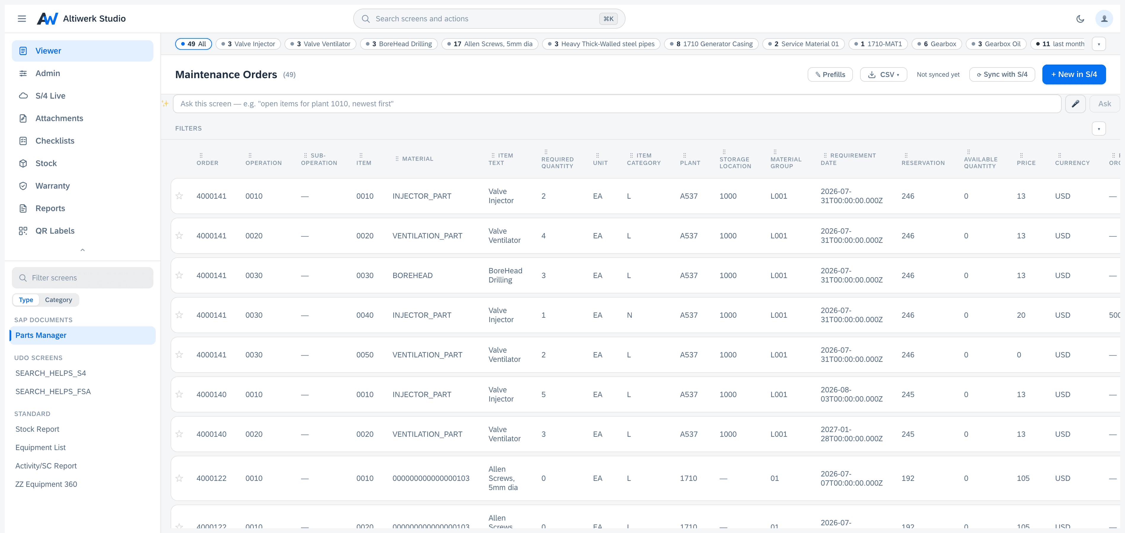 The item level of a SAP document screen: maintenance-order components read live from S/4 across twenty-one columns, with category chips carrying counts and a New in S/4 action