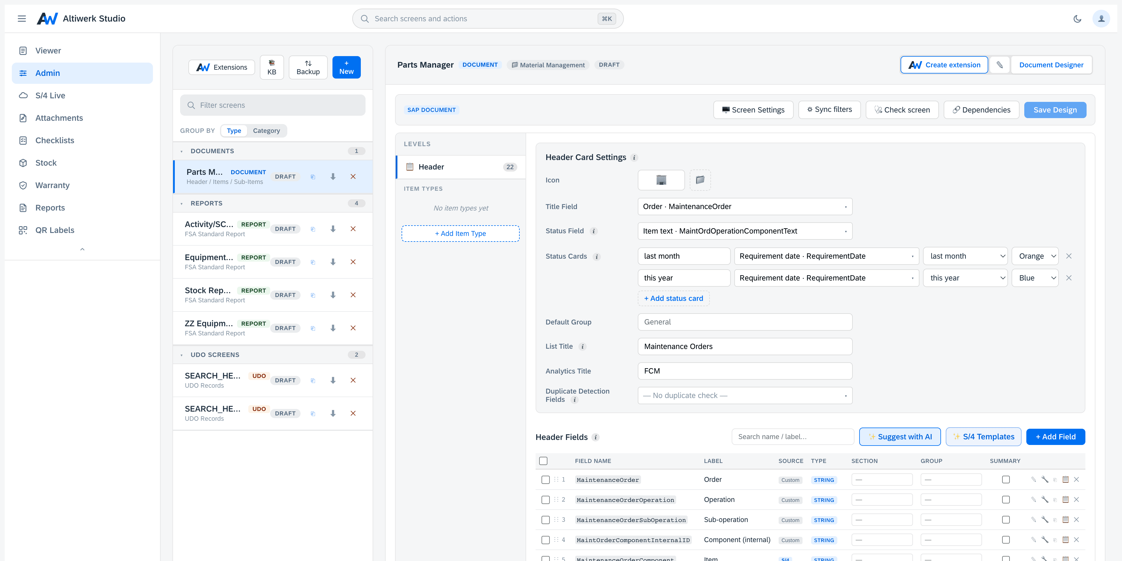 The screen designer — header card settings beside a field table whose source column marks each field as custom or read from S/4, with AI suggestion and S/4 template actions