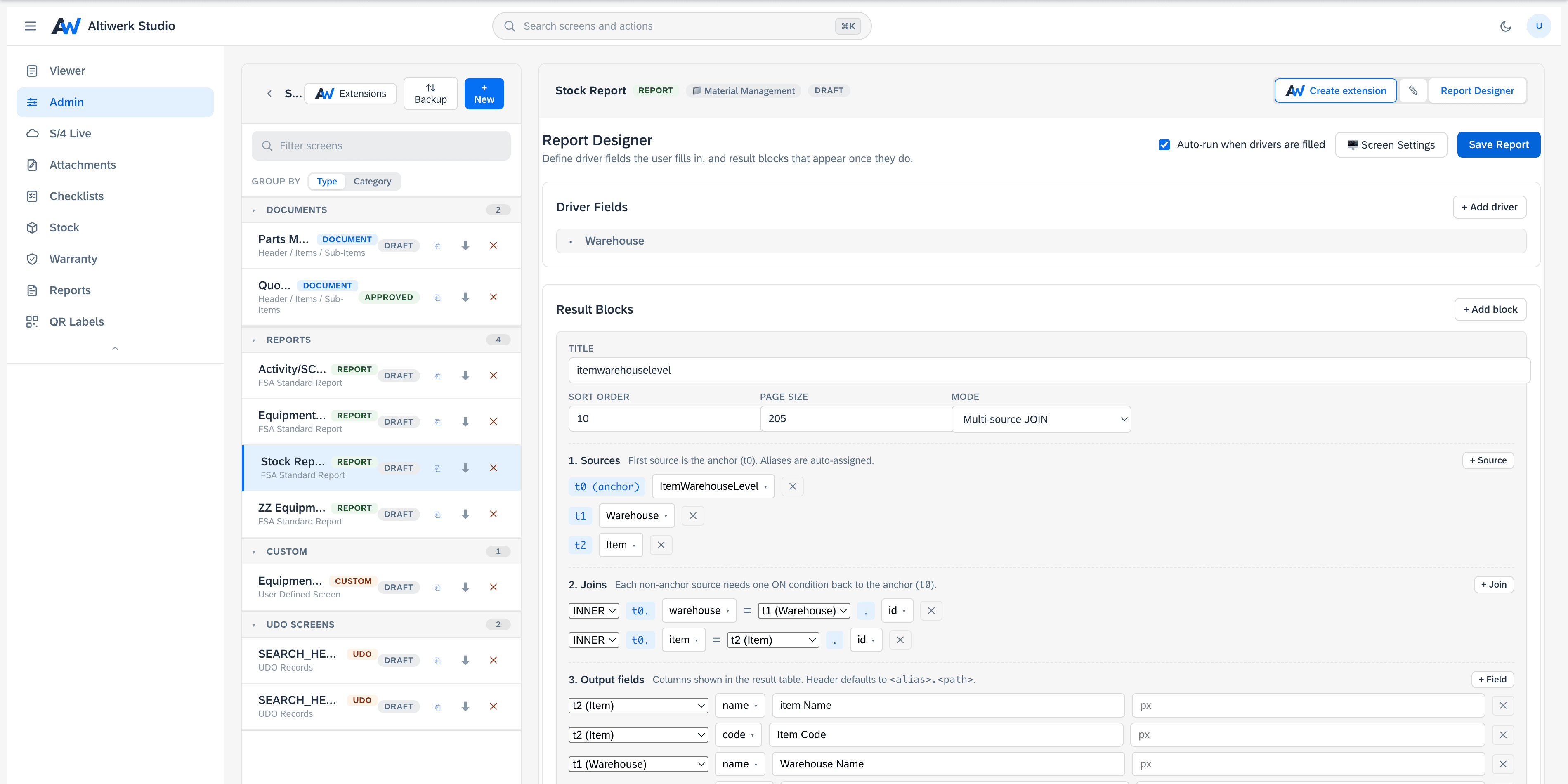The admin screen list grouped by screen type, with a report open beside it — its driver field, and a result block whose three sources, joins and output columns are each spelled out