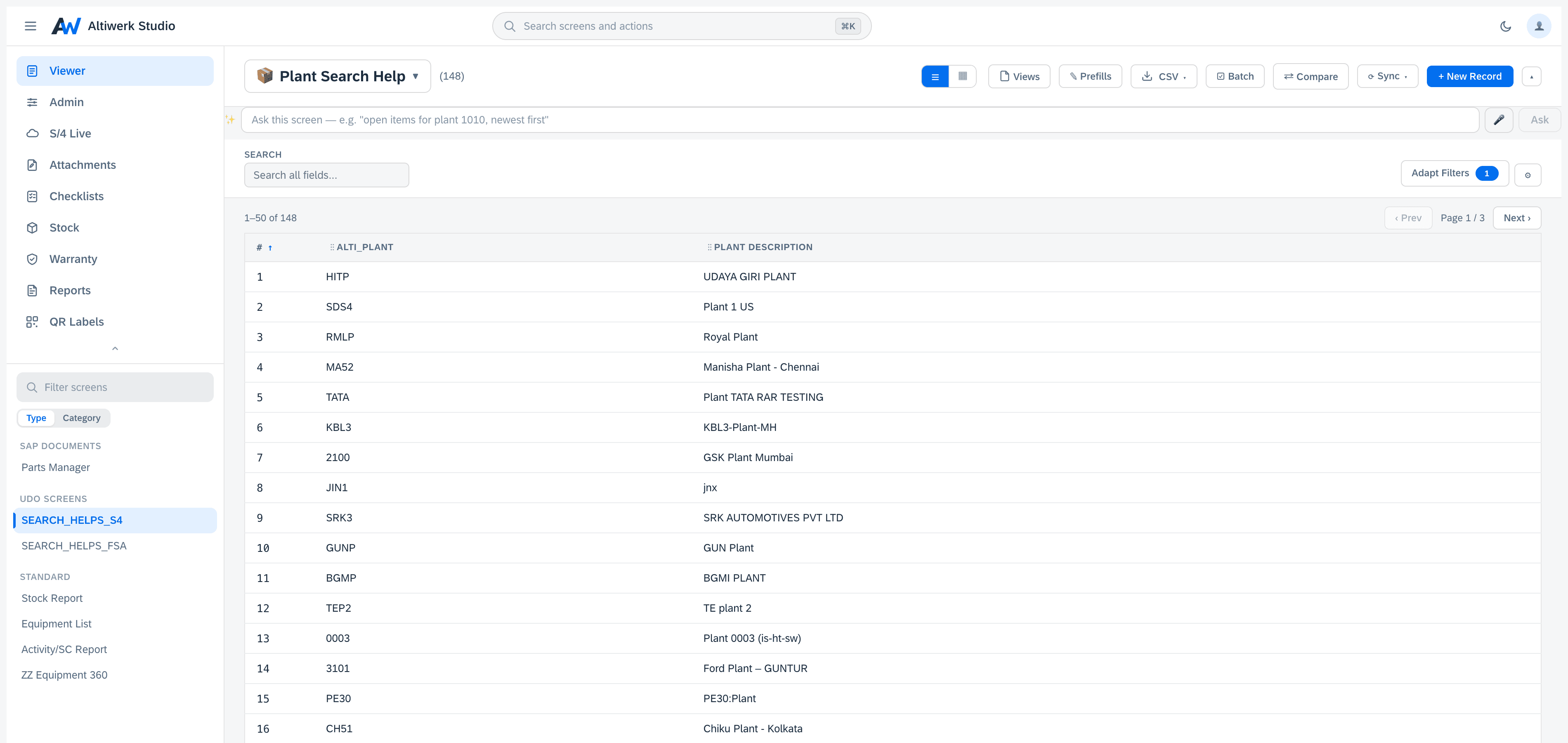 A UDO screen in table view showing 148 records, with per-column filters and a full toolbar of views, prefills, CSV, batch, compare, sync and new record