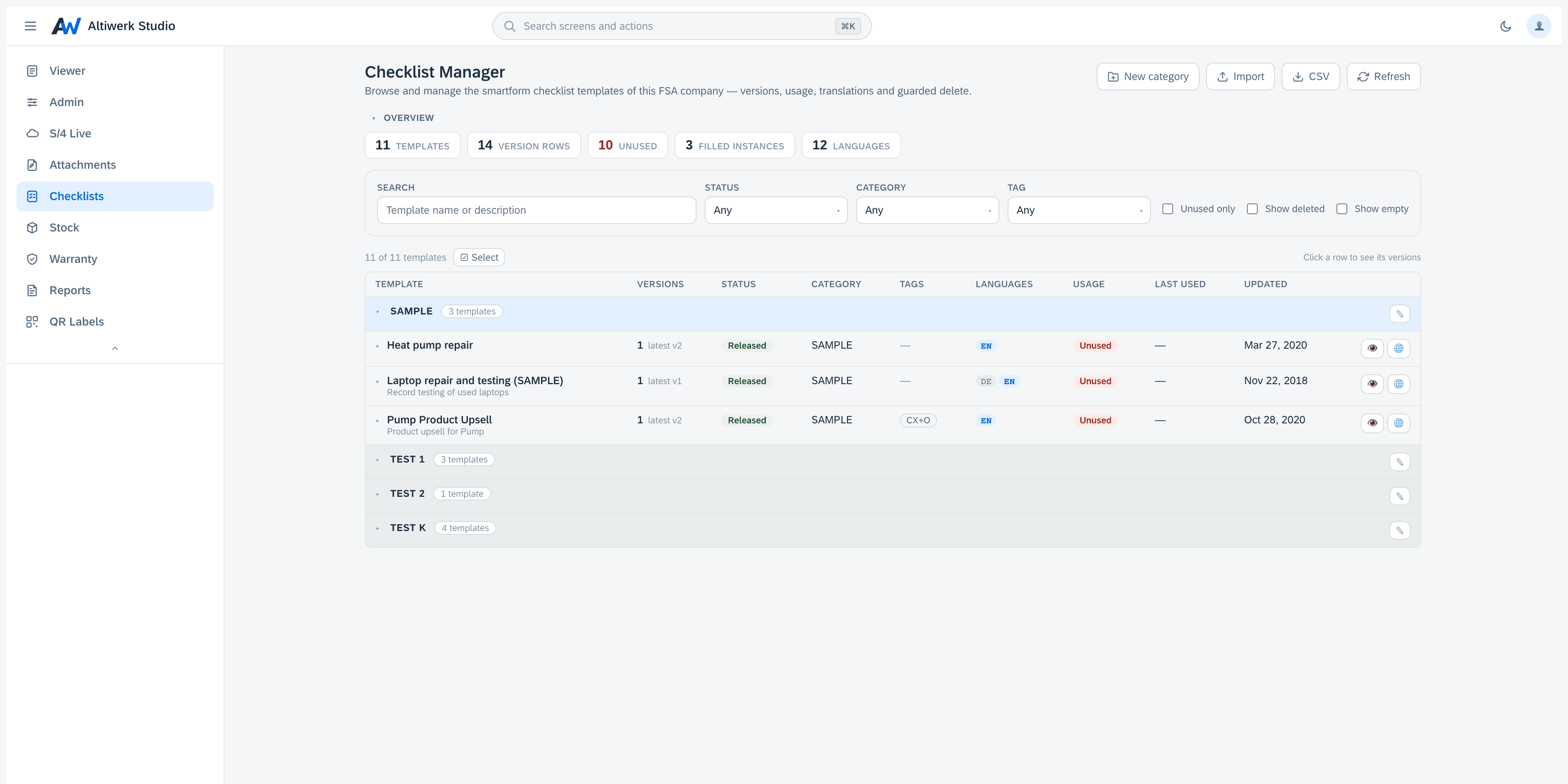 Click to enlarge The checklist manager's stats band — eleven templates, fourteen version rows, ten unused, three filled instances, twelve languages — above a category expanded to its templates with status, language chips and unused badges