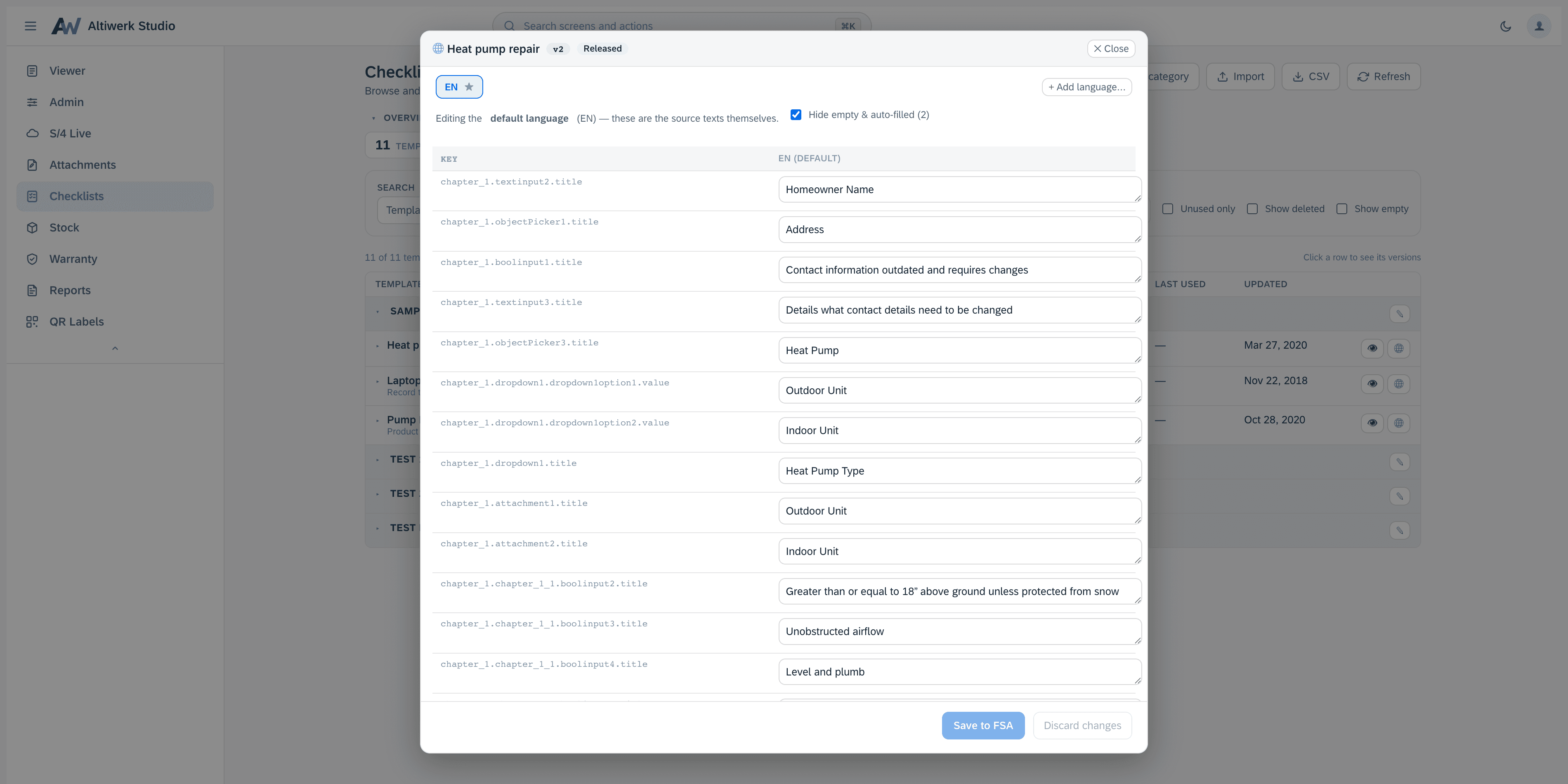 Click to enlarge The translation workbench, each element's key beside its editable source text, with language chips above and actions to save back to FSA or discard