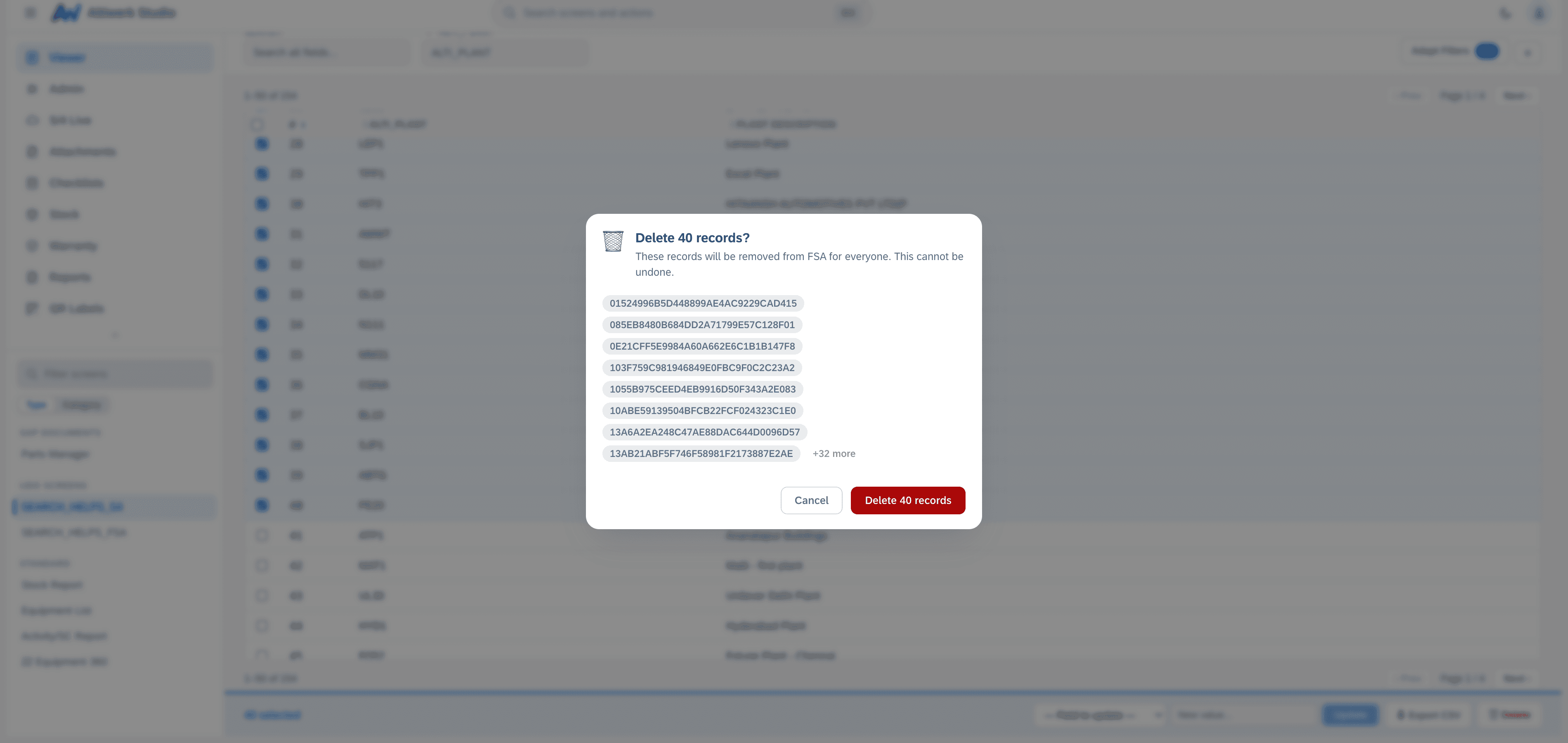 Click to enlarge A batch delete confirmation listing the record ids it is about to remove and warning that forty deletions cannot be undone