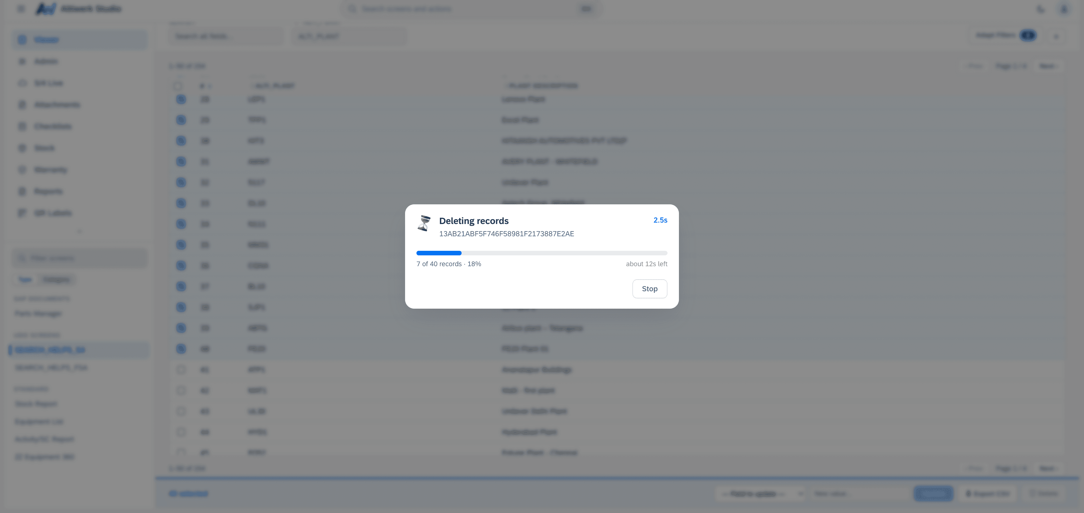 Click to enlarge A batch delete in progress — seven of forty records at eighteen percent, with elapsed time, an estimate of the time left, and a Stop button