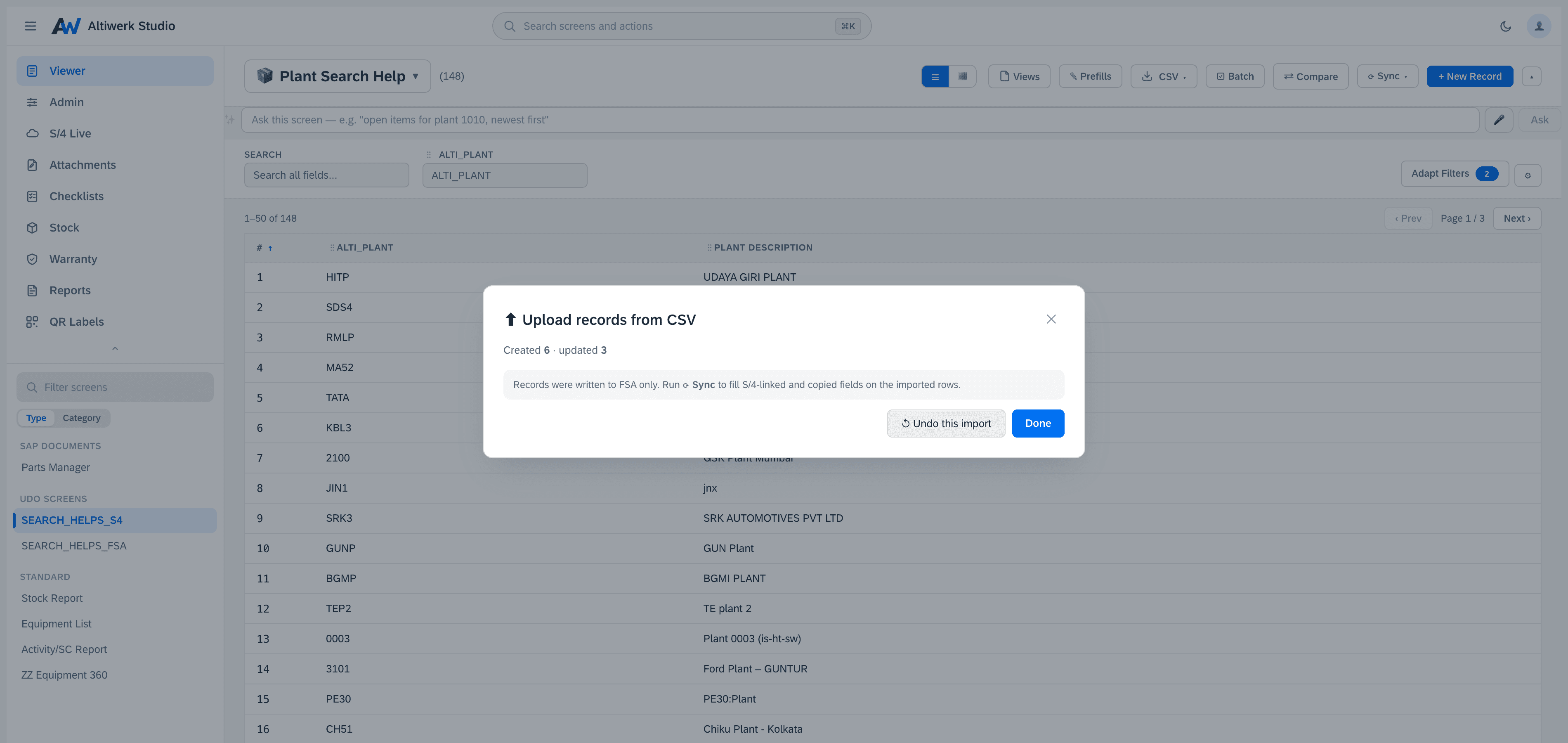 Click to enlarge The result of a CSV import — six created and three updated — with an Undo this import action
