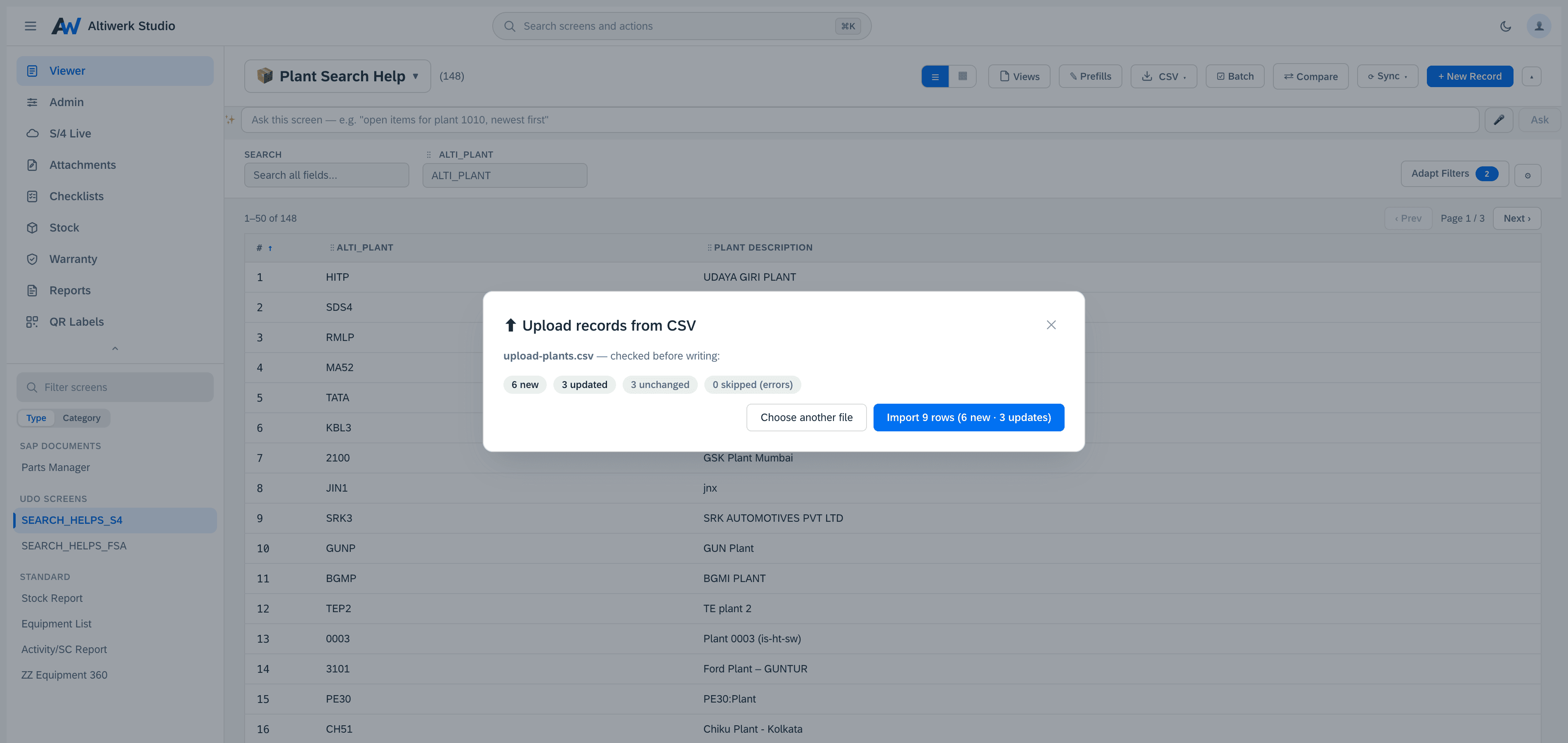 Click to enlarge The bulk CSV preflight, counting six new rows, three updates, three unchanged and no errors before anything is written